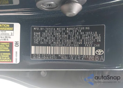 2018 Toyota Corolla Se z USA, uszkodzony, nr VIN 5YFBURHE2JP827989